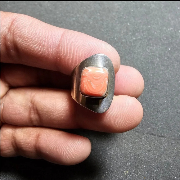 Taxco Mexico Sterling Silver 925 Pink Coral Statement Ring Size 5 Adjustable - Picture 1 of 9